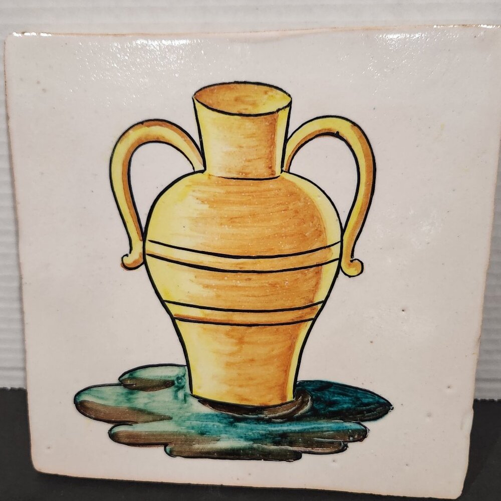 Vintage Kitchen Clay Tile Hand Painted with a Golden Amphora Vase Grazed 8.2"